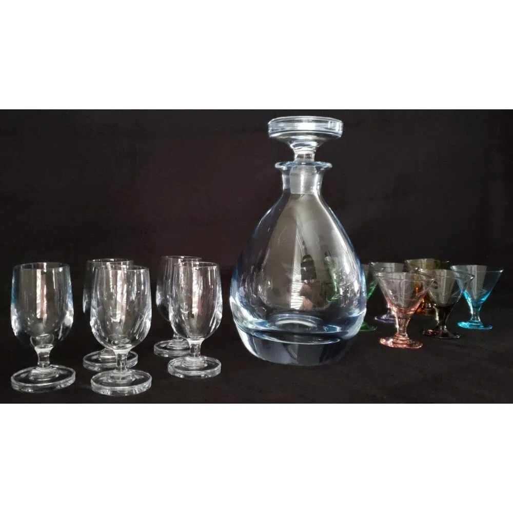 Vintage SIGNED Strombergshyttan Swedish Decanter w/Stopper & 11 Cordials
